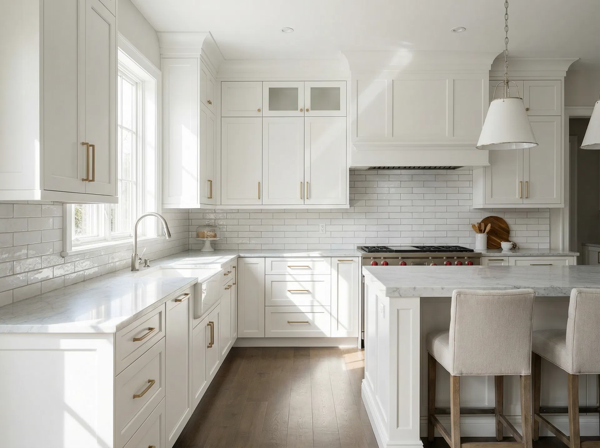 Window and door trim painting - crisp white kitchen trim and cabinetry in Toronto