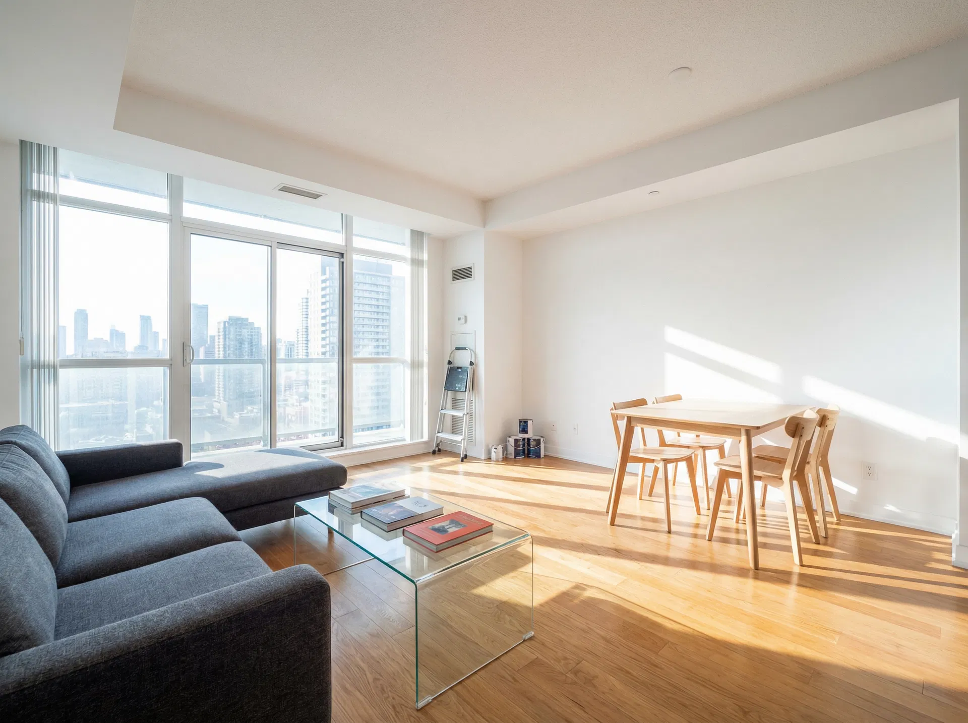 Condo interior repaint - bright open-plan living room with crisp white walls and Toronto skyline view