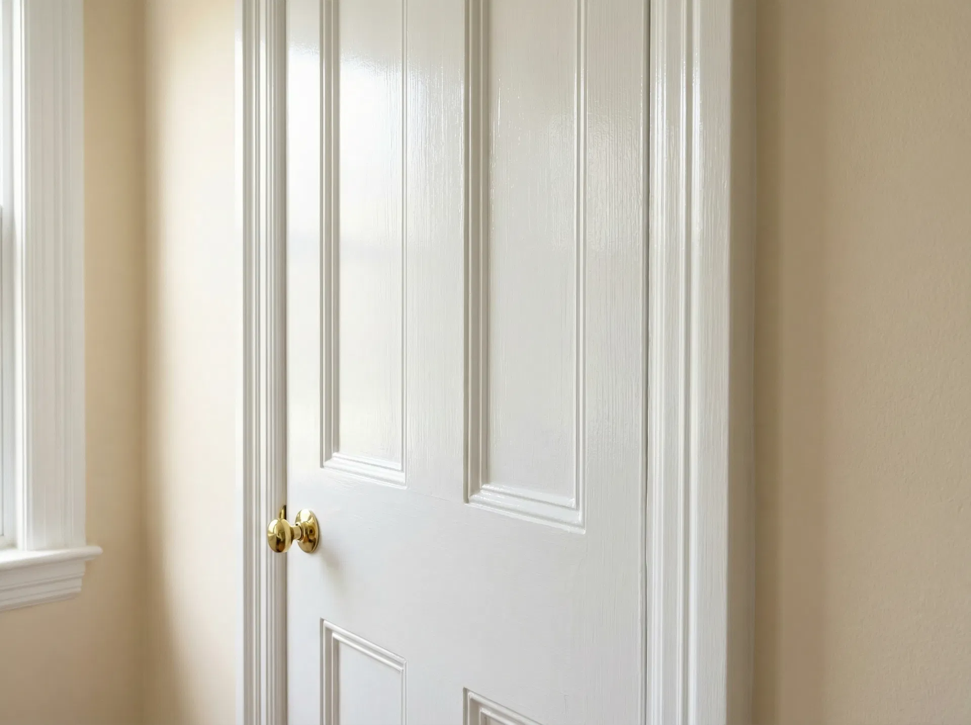 Trim and door painting - freshly painted white interior door and casing with perfect brush lines