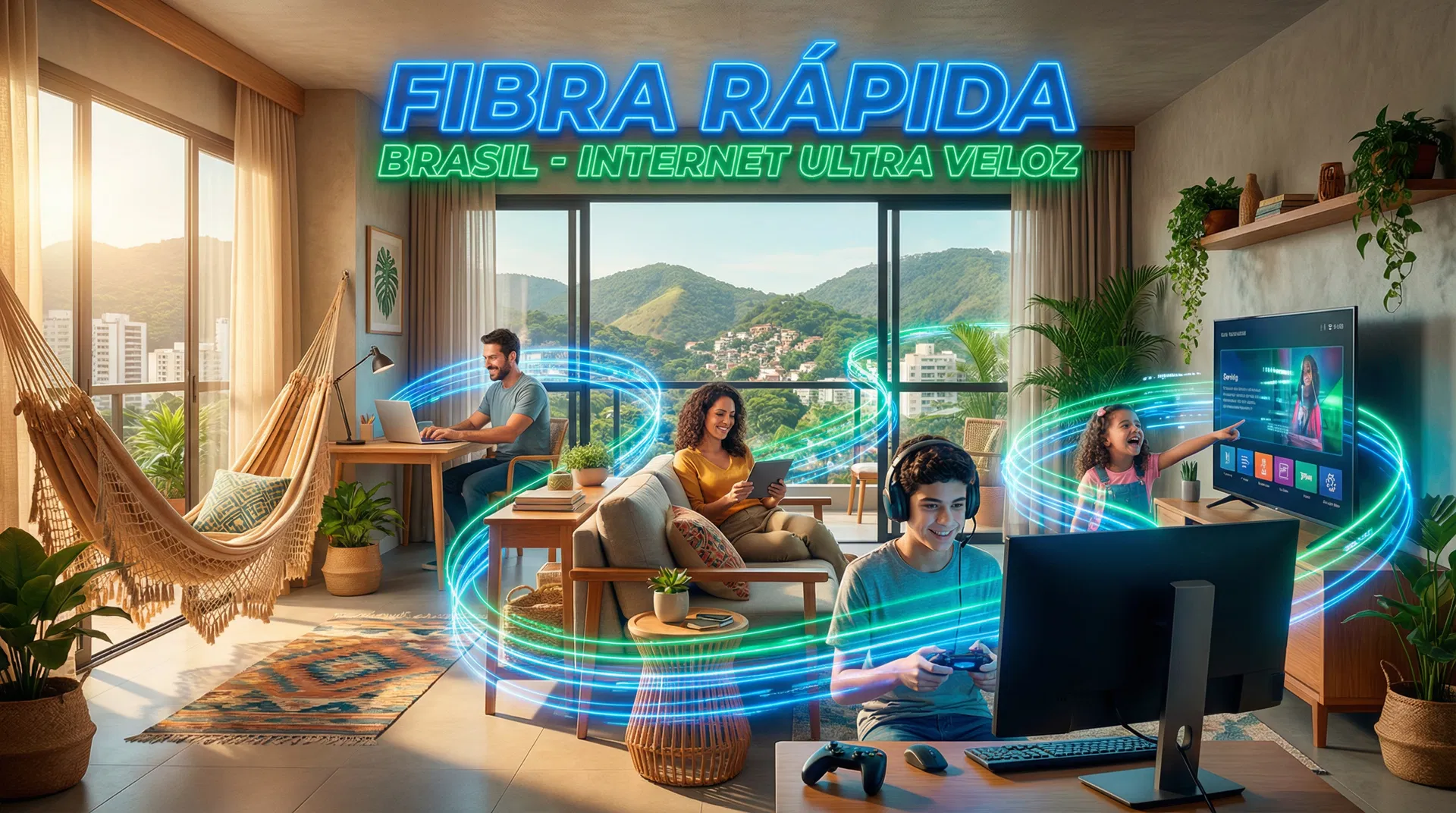 Família conectada com internet fibra óptica