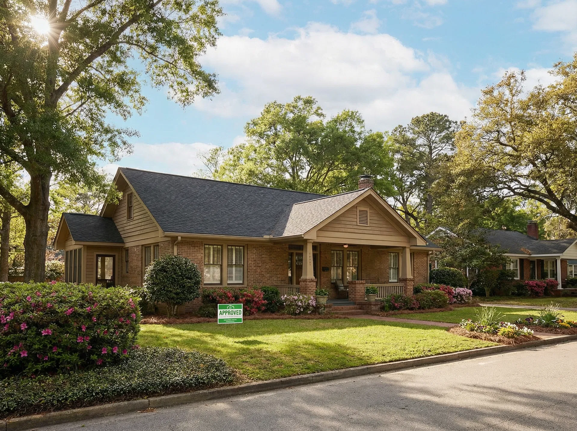 South Carolina home with Approved sign after roof replacement