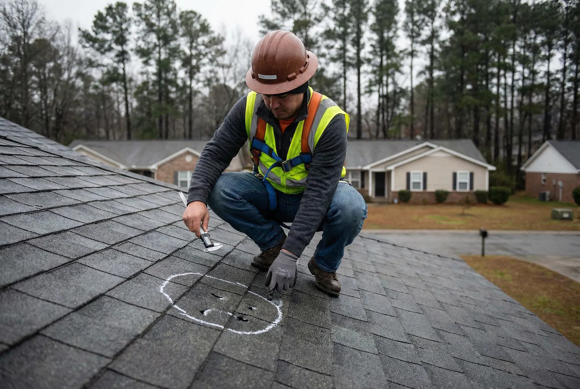 Roofing inspector performing forensic inspection