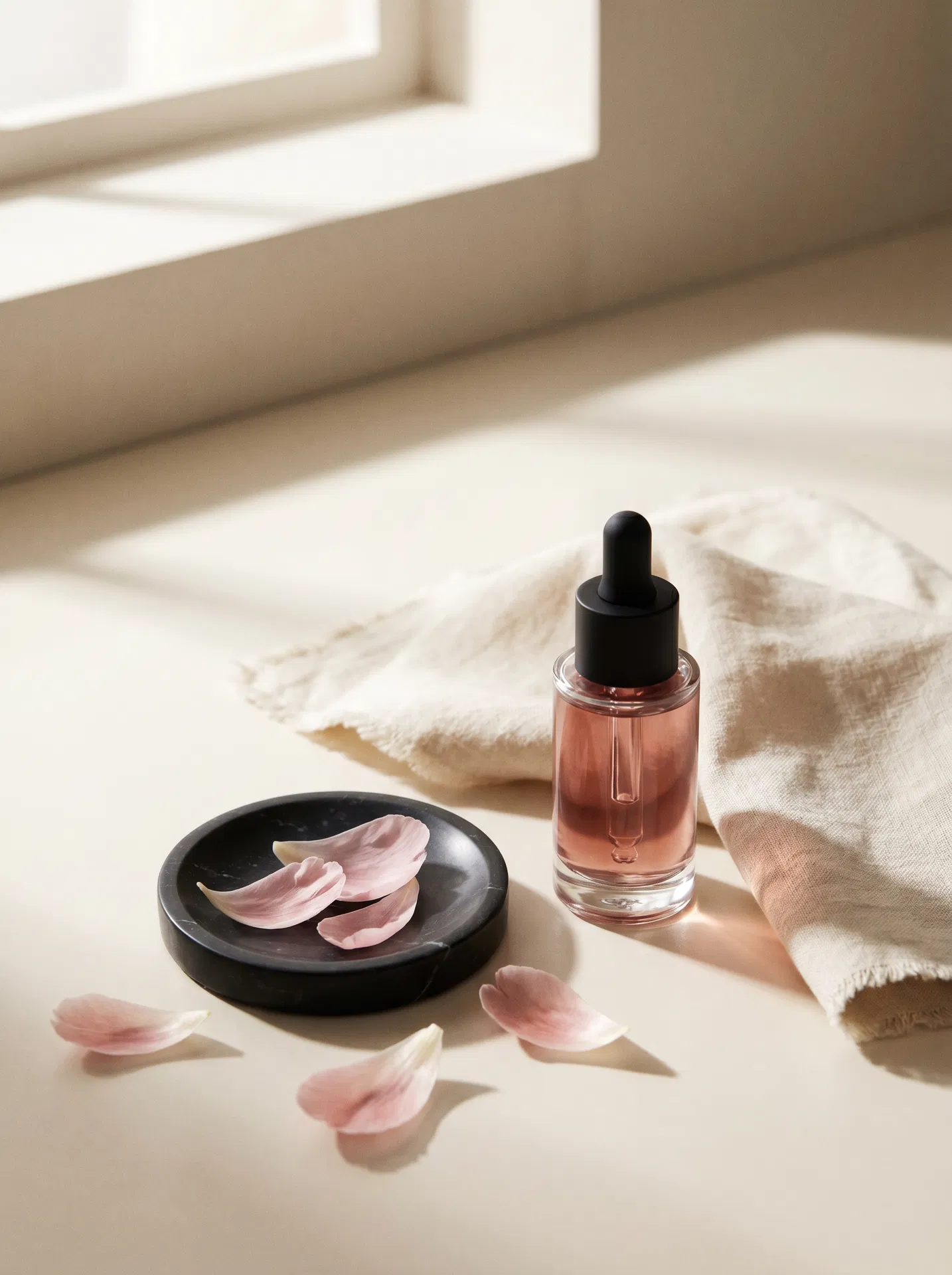 Rose-tinted serum, fresh peony petals on a marble dish, Hydra Revive editorial still life