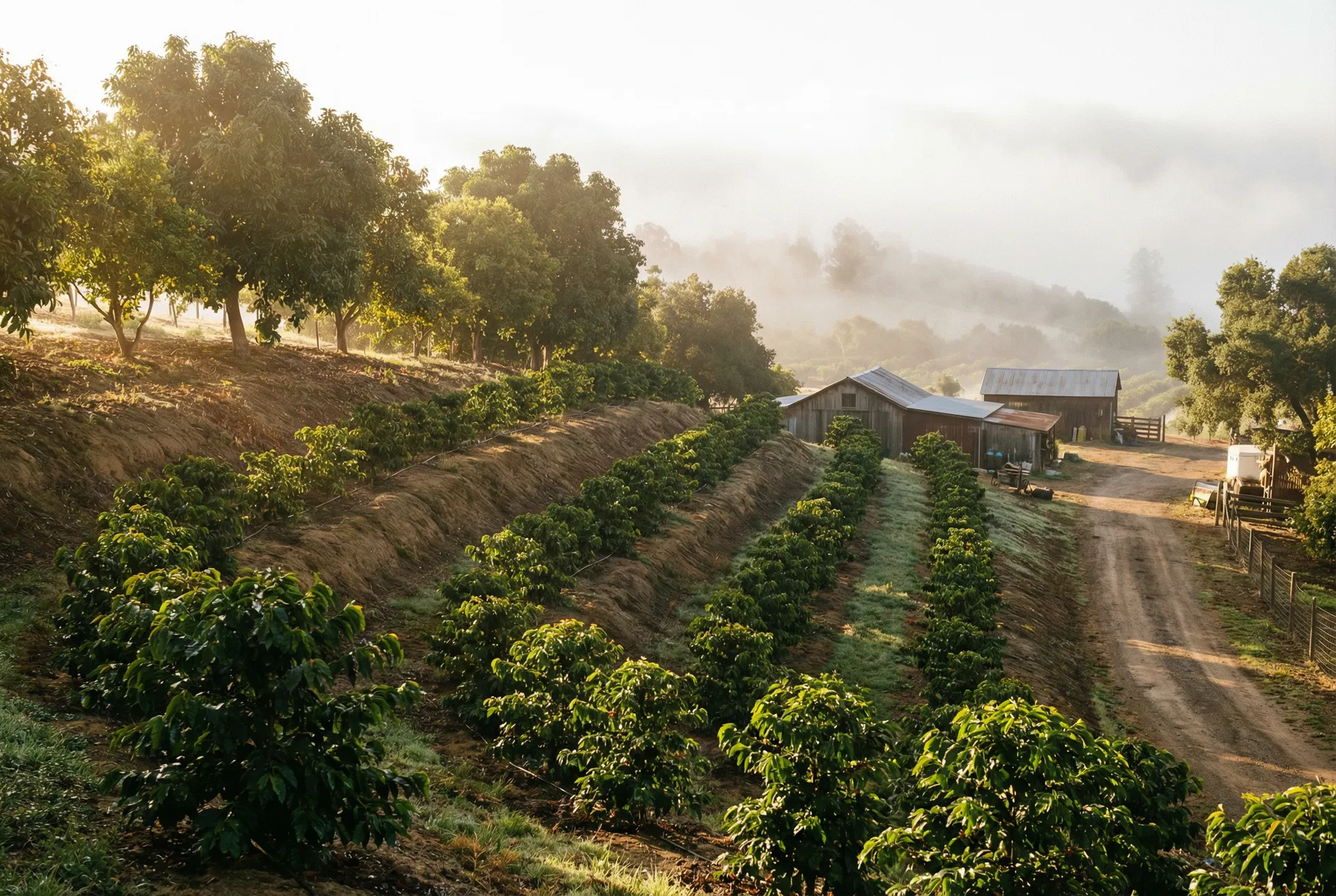 California coastal coffee farm with rows of coffee trees and morning fog