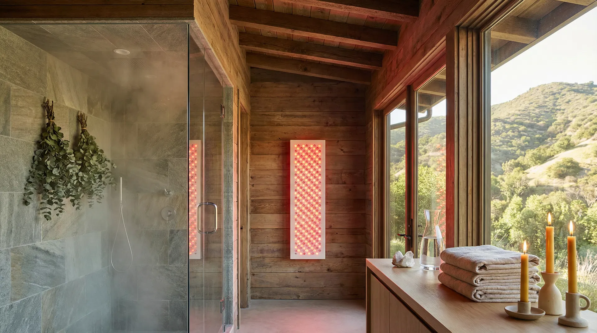Interior wellness space with red light therapy and steam shower