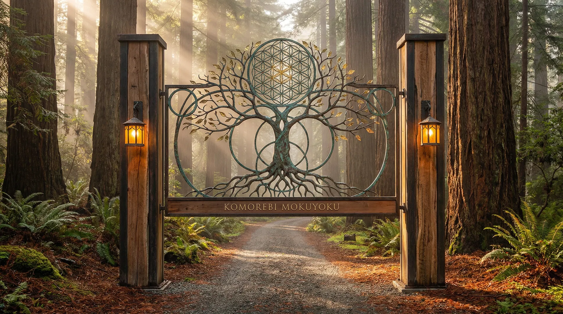 Komorebi Mokuyoku entrance gate with Tree of Life sacred geometry