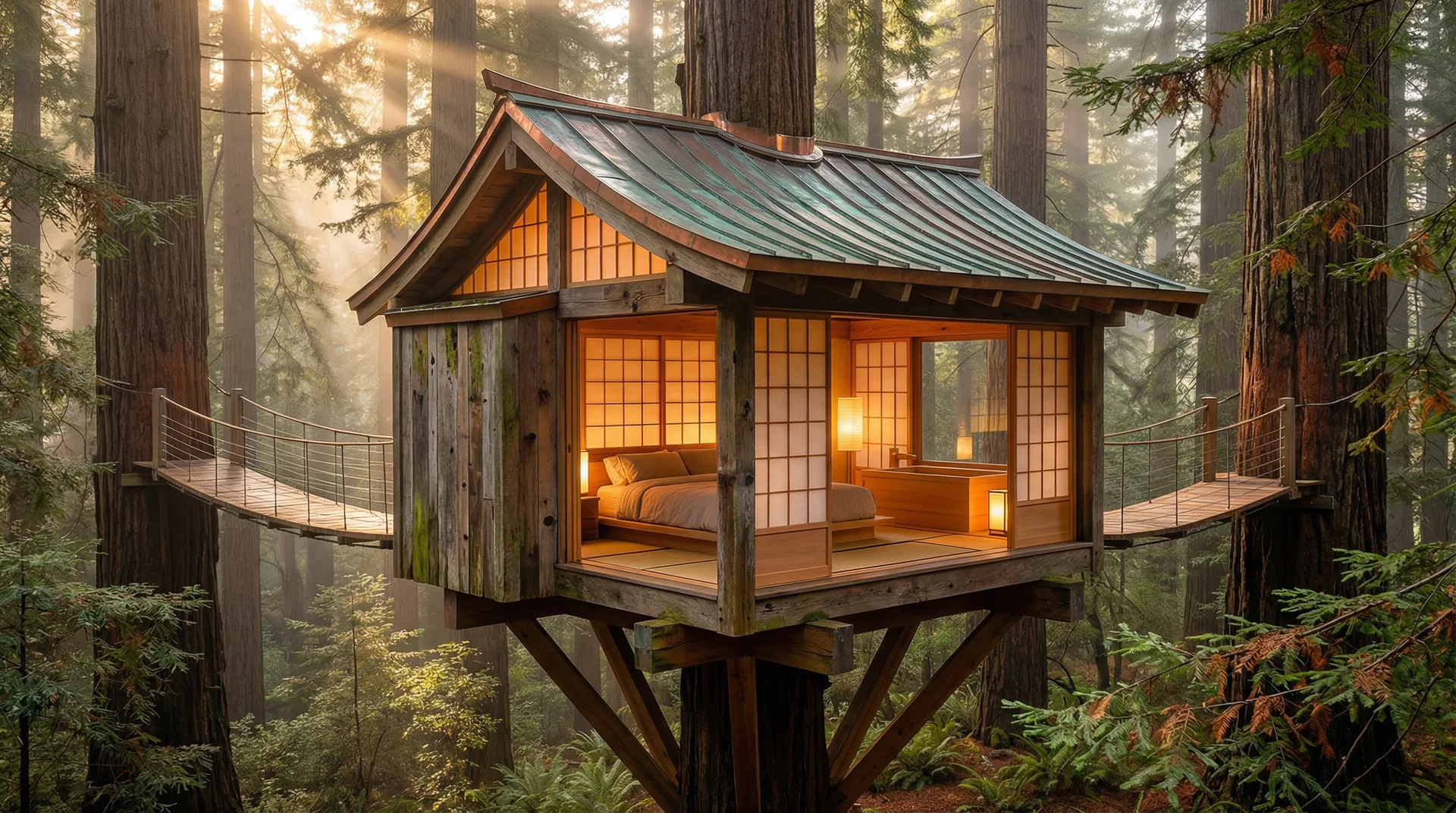 Hikari Wabi-Sabi Treehouse — Japanese tea house with shoji screens and copper patina roof