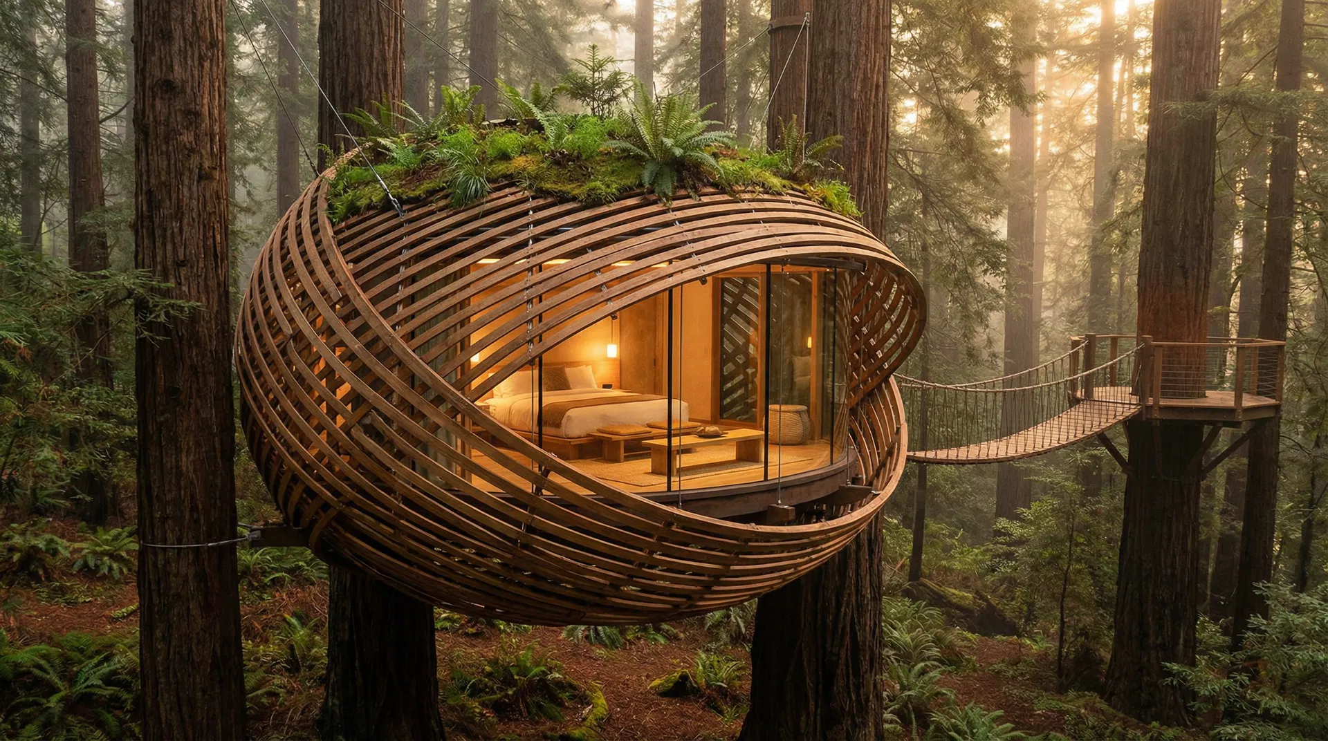 Kaze Bird's Nest Treehouse — woven timber cocoon with rope bridge