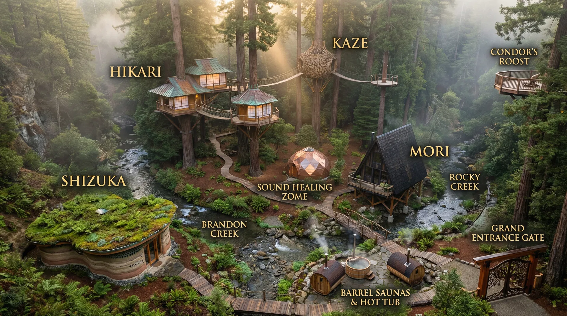 Master site map showing all four accommodation units, Sound Healing Zome, Condor's Roost, barrel saunas, and the Grand Entrance Gate positioned among the ancient redwoods