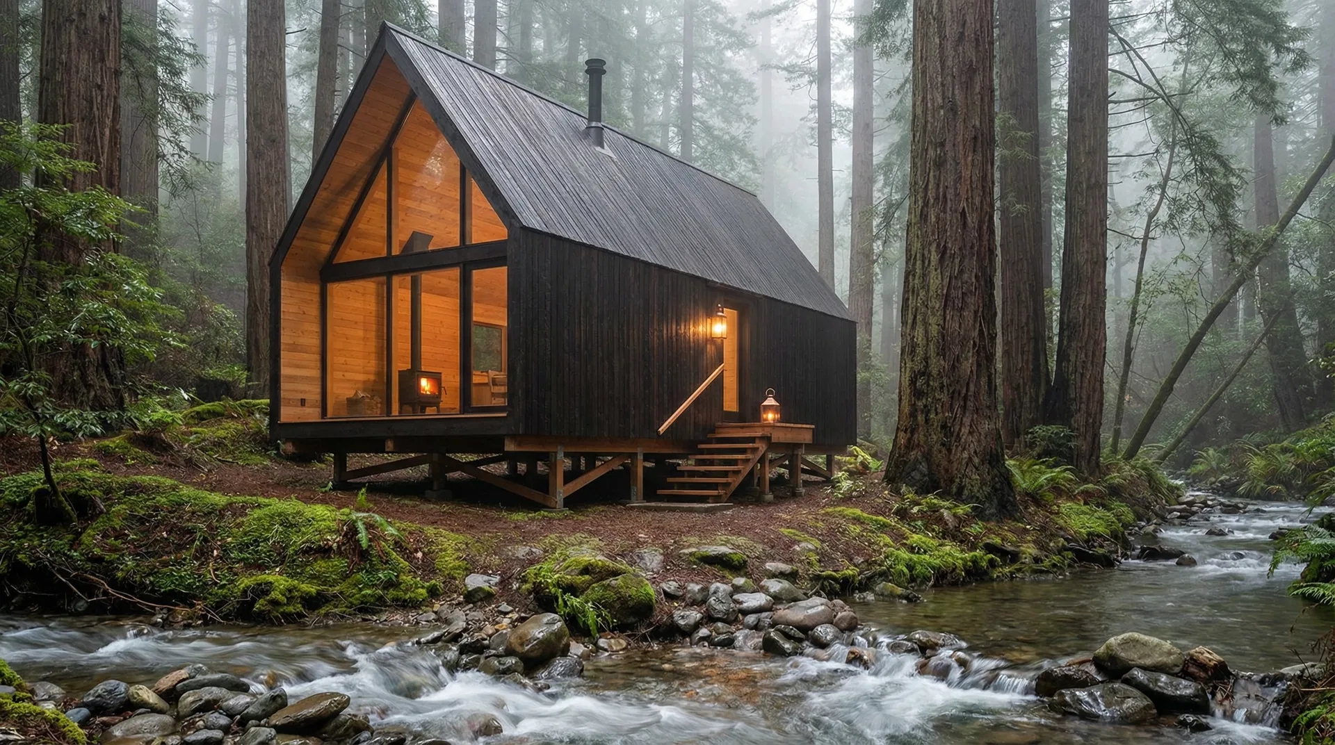 Mori Shou Sugi Ban A-frame Cabin — charred cedar exterior, glass gable, creek confluence