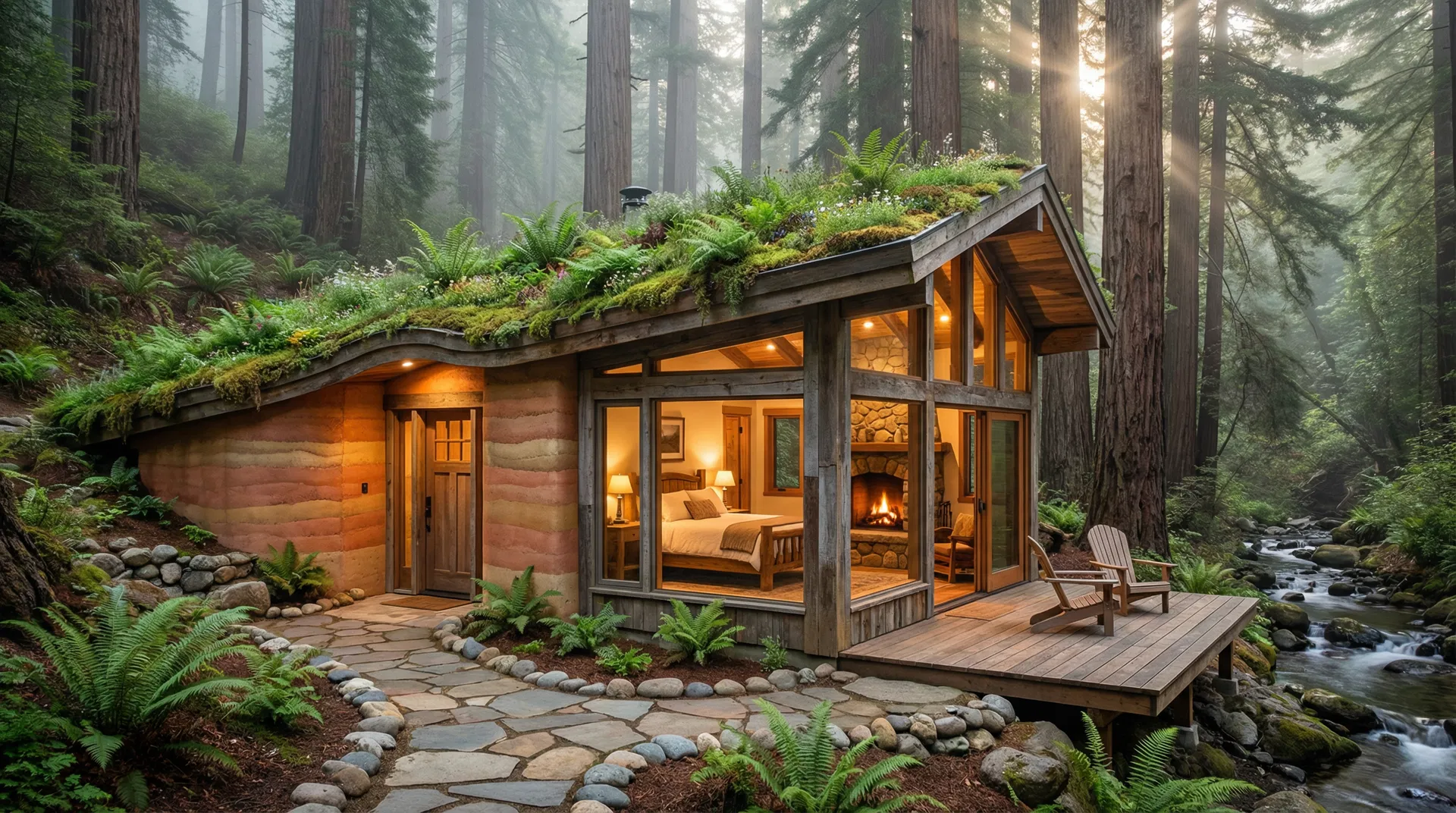 Shizuka Earthship Pod — rammed earth walls, living green roof, creek-side position