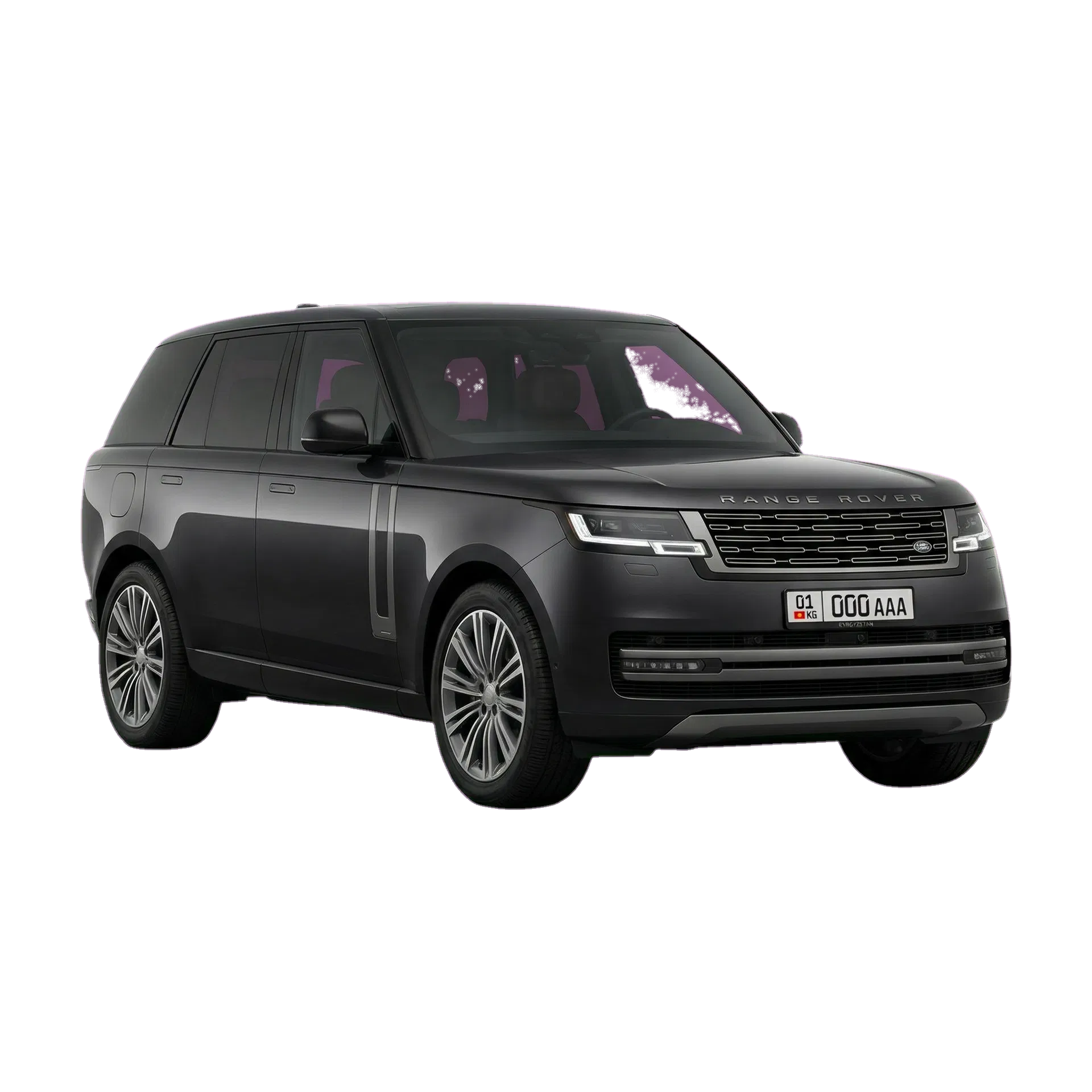 Range Rover Vogue 2025 with KG license plate 01KG 000 AAA and Kyrgyz mountains