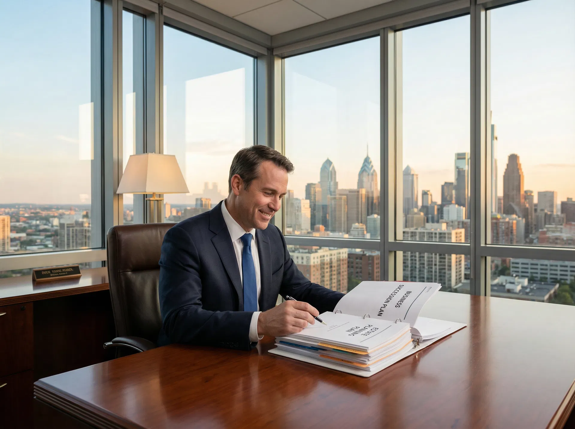 Business owner reviewing corporate estate and succession planning documents