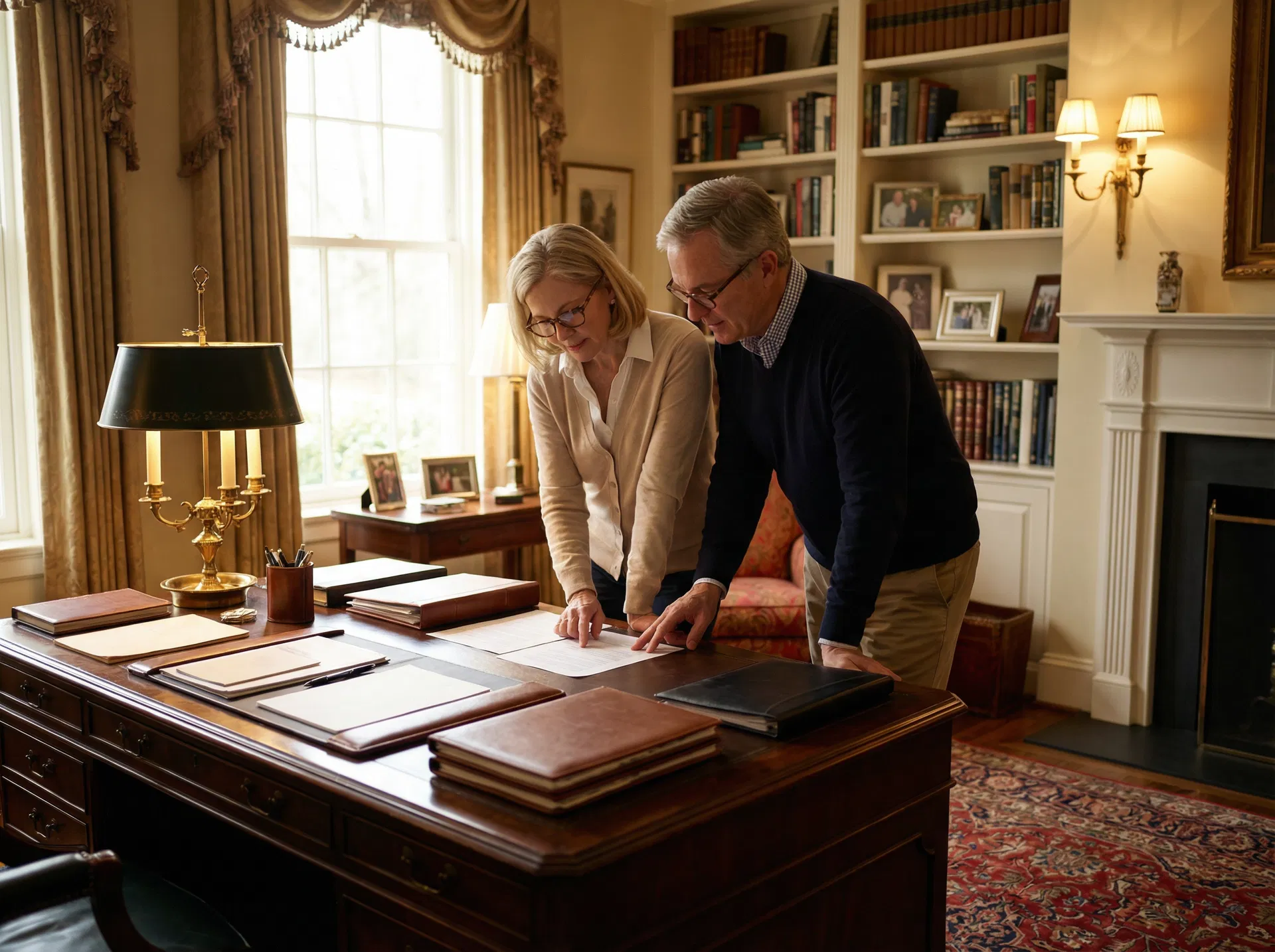 Affluent couple reviewing advanced insurance and estate planning documents