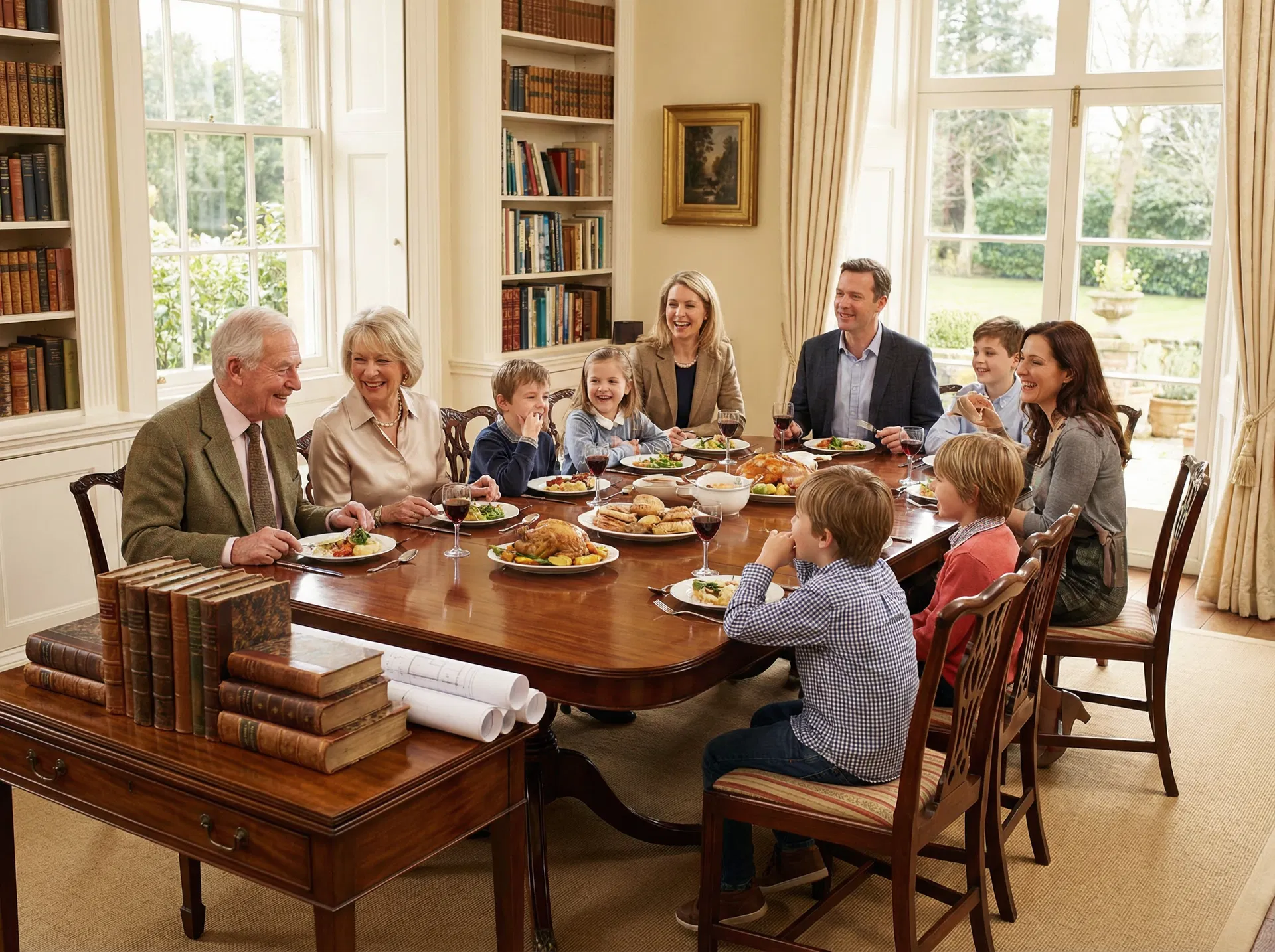 Multi-generational family gathering representing corporate wealth and estate planning