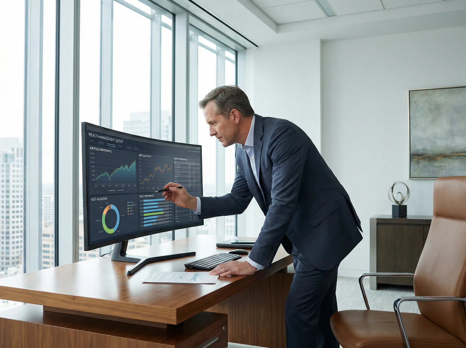 Financial charts and planning materials on a meeting table