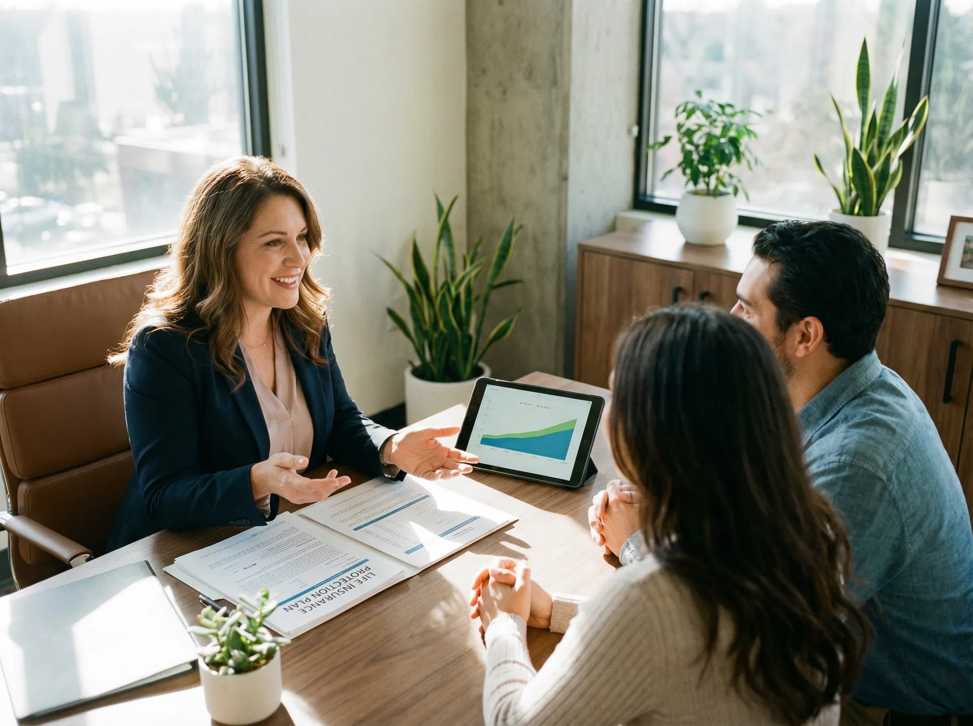 Financial advisor presenting a life insurance protection plan to a couple