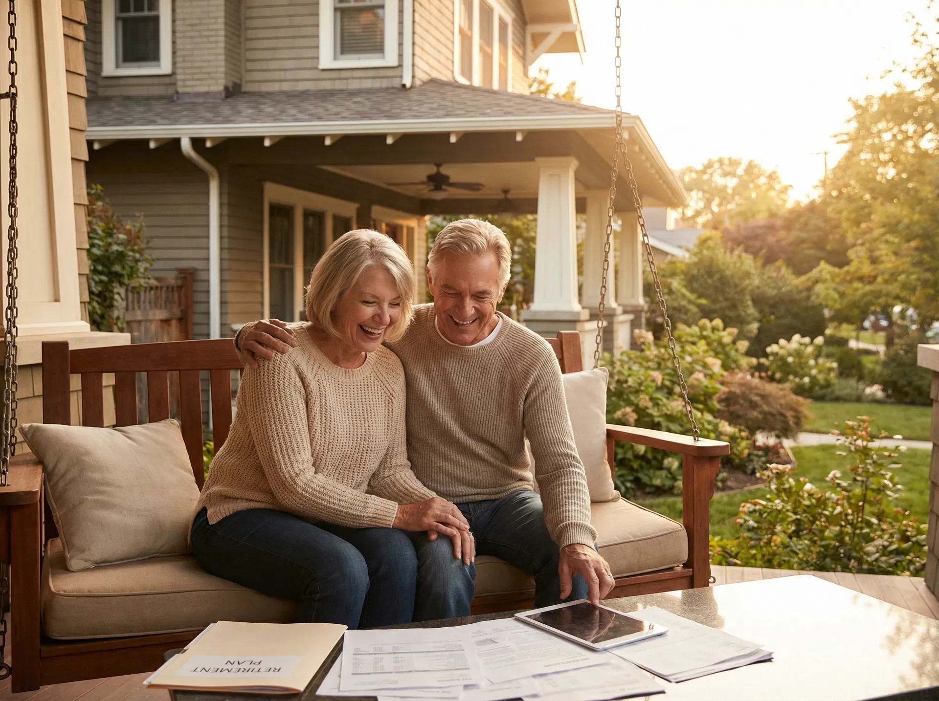 Retired couple reviewing their retirement plan at home