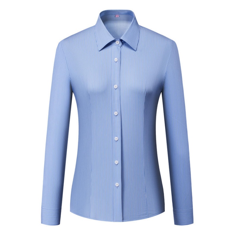 專業修身條紋恤衫 - 藍色商務女裝制服