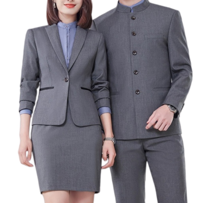 專業商務制服訂造：男女同款灰色西裝套裝，挺括耐穿，展現企業專業形象