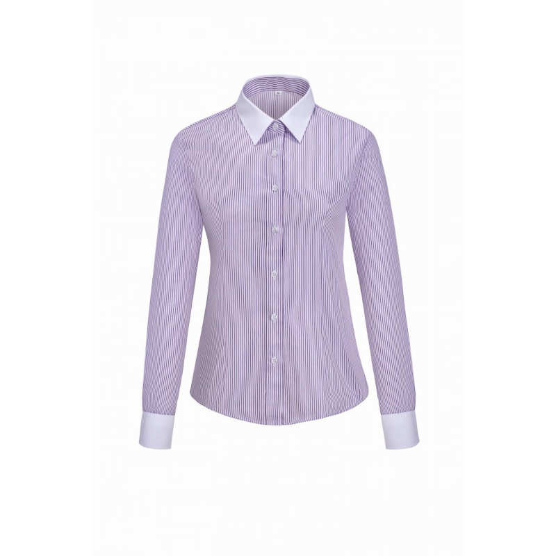 女士修身條紋長袖恤衫 - 紫白經典款