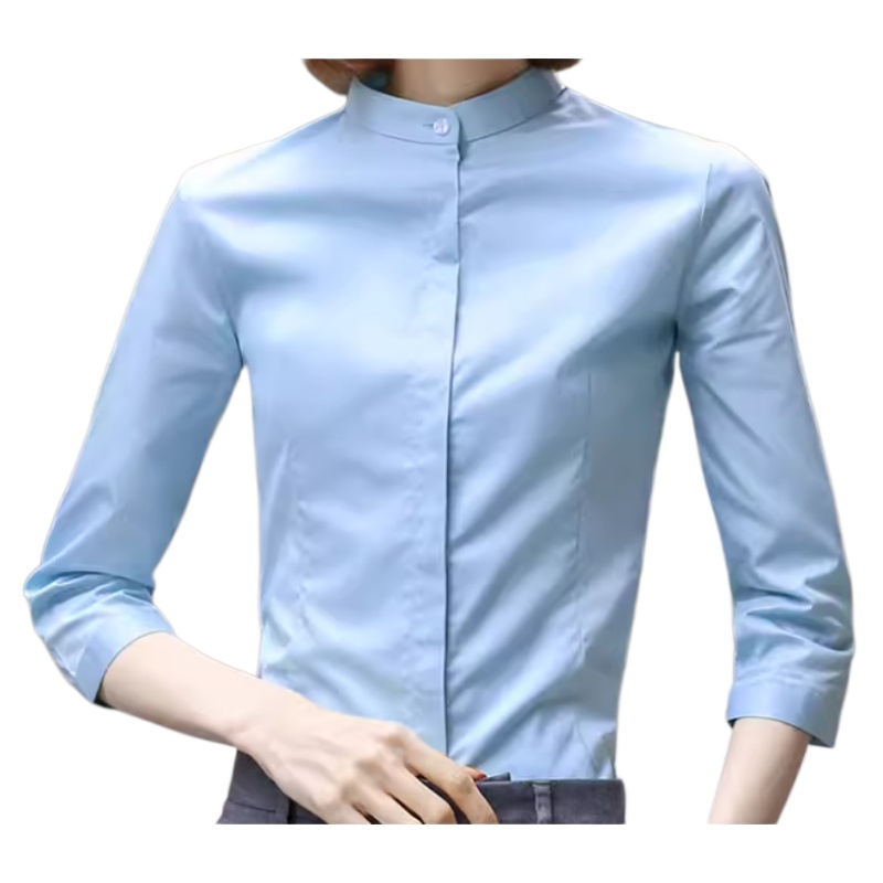 專業修身立領七分袖恤衫 - 淺藍色