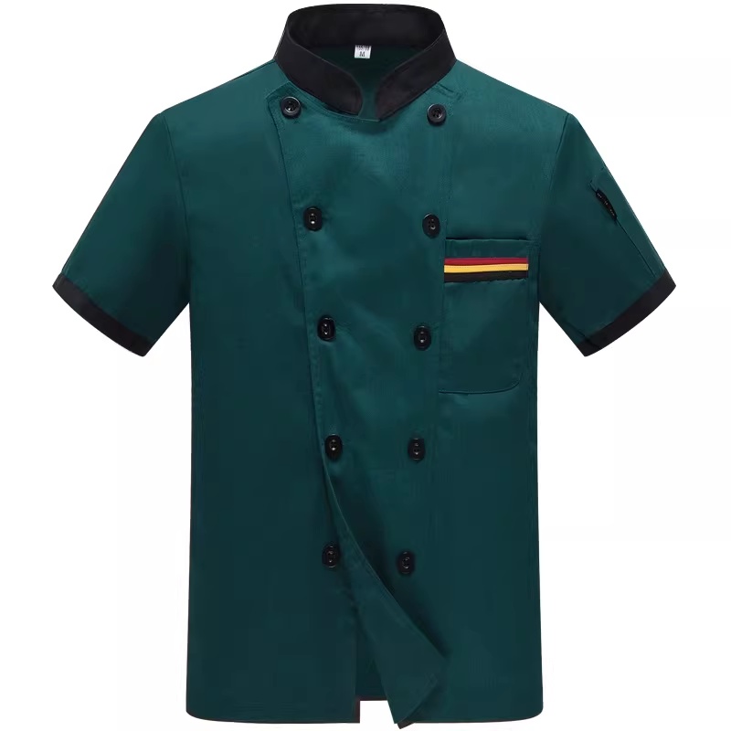 深綠色短袖廚師服訂造 – 雙排扣設計，適用於各式餐廳、酒店及餐飲業