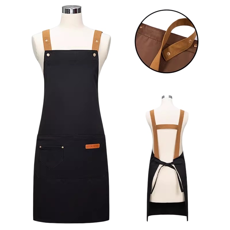專業咖啡師/廚師圍裙：多功能帆布皮革肩帶設計，適用餐廳、烘焙、美髮制服訂造