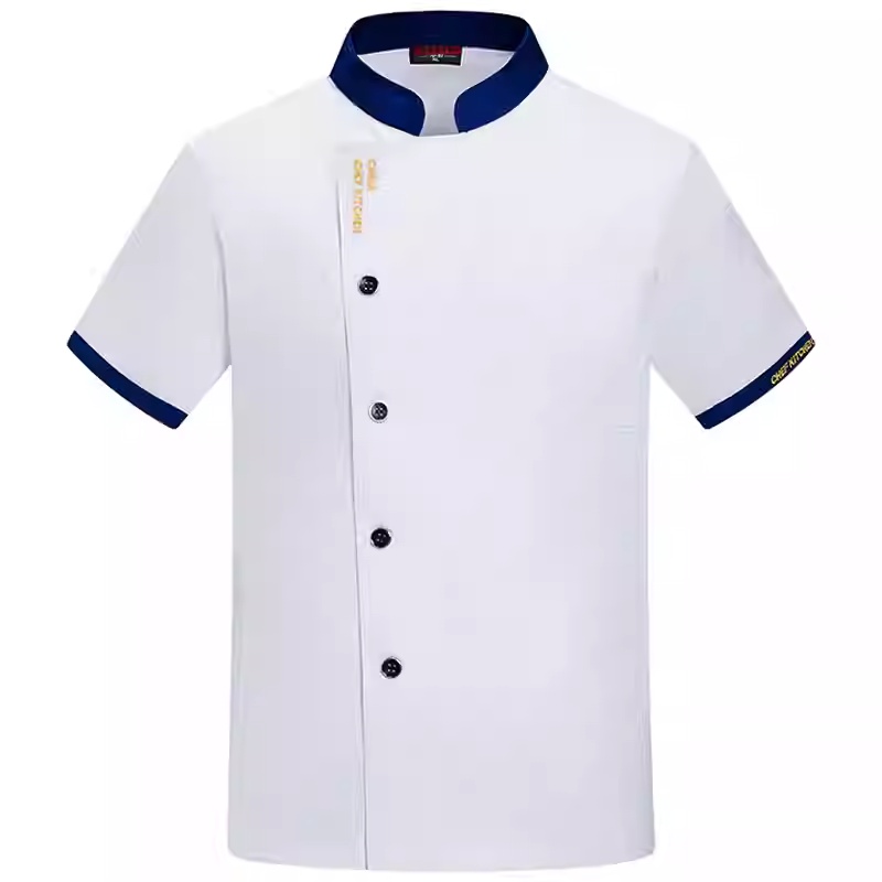 白色短袖廚師服 | 深藍領口袖口設計 | 透氣耐磨適用各式餐飲廚房