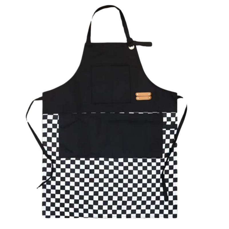 時尚黑白格紋圍裙:耐磨防污,餐飲烘焙制服訂造首選
