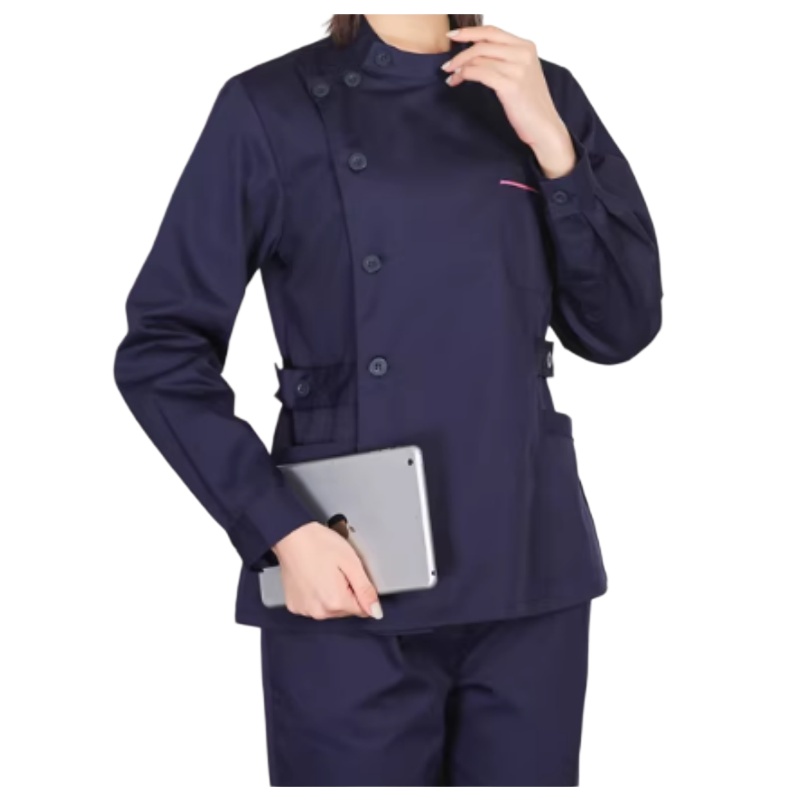 專業深藍斜襟護士服：透氣耐磨，香港醫護制服訂造首選