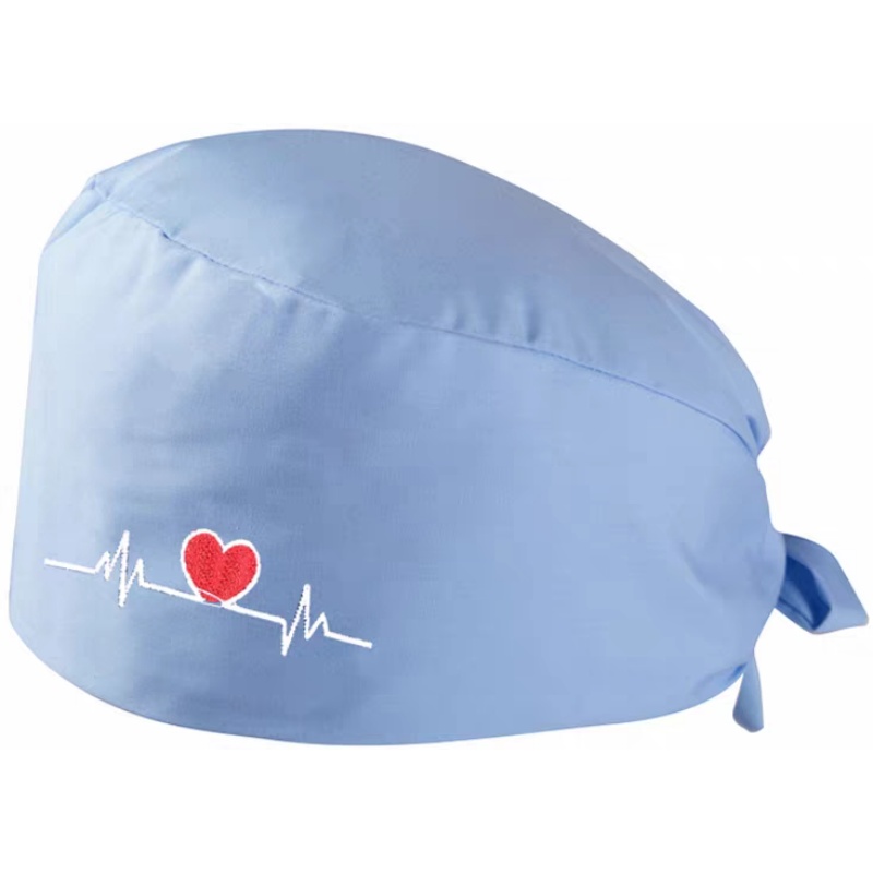 心電圖愛心刺繡淺藍色手術帽/醫生護士帽 - 透氣舒適,專業醫護之選