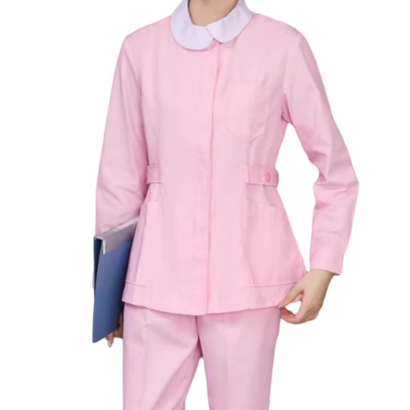 透氣舒適粉色護士服套裝，圓領設計，專業醫護人員首選制服訂造