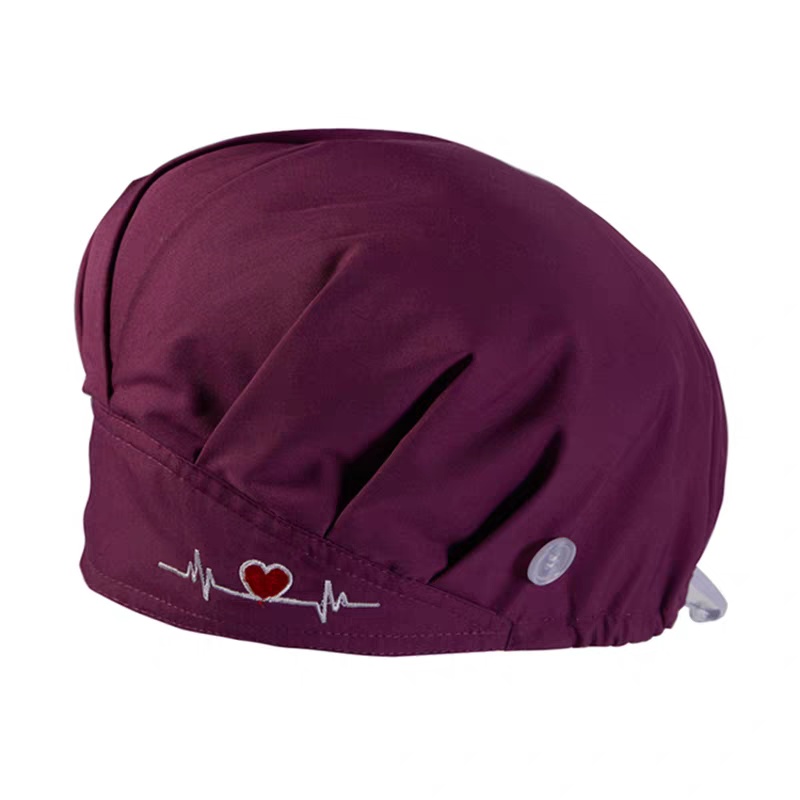 酒紅色心電圖刺繡醫護帽 香港專業制服訂造 舒適透氣手術帽