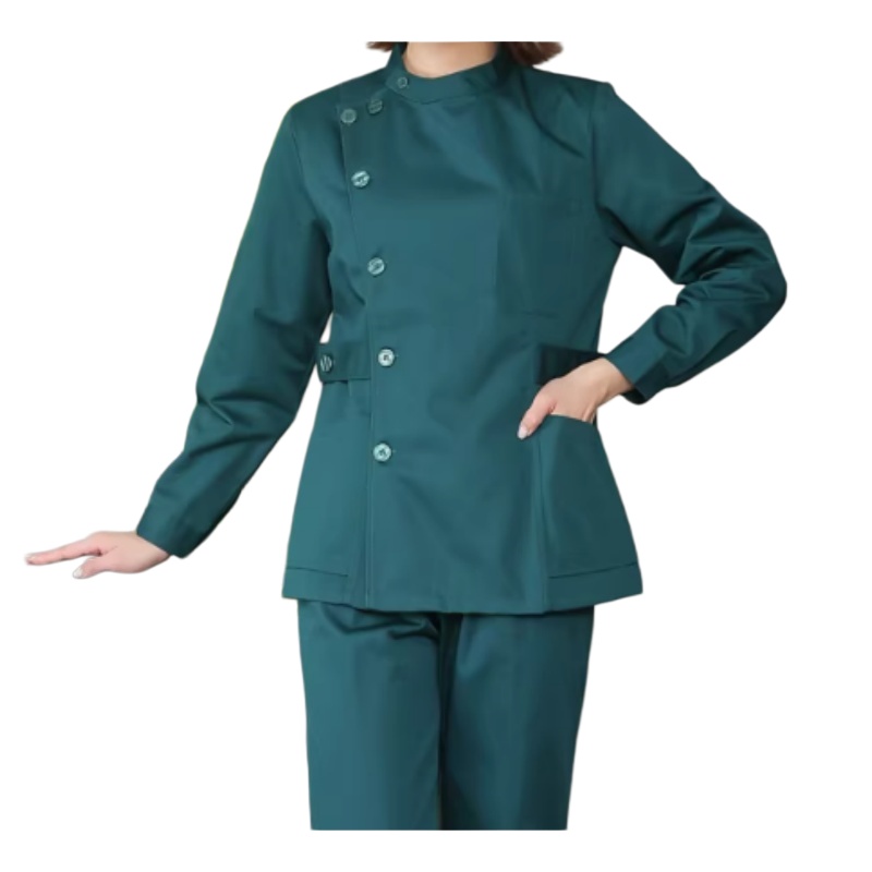 專業醫護制服：深綠色斜襟翻領設計，舒適耐用，展現專業形象
