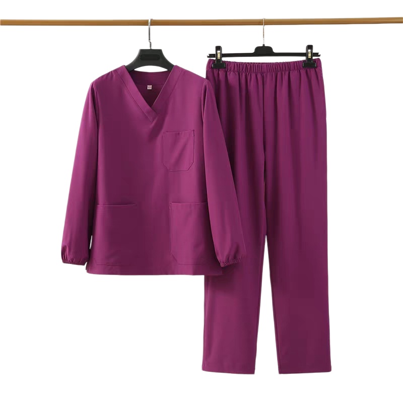 透氣耐磨紫紅色V領洗手服套裝，醫護美容專業之選