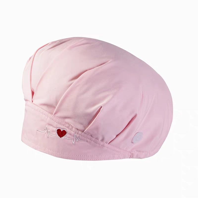心電圖愛心刺繡粉色醫護帽 | 舒適透氣可調節手術帽