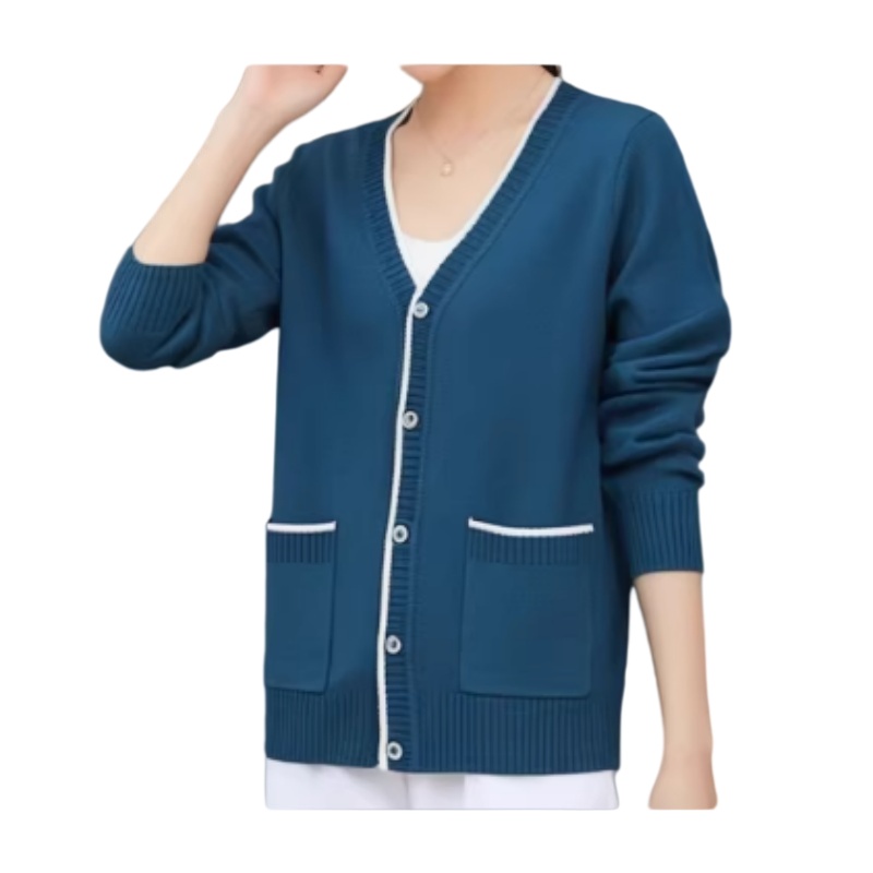 時尚V領撞色邊針織開衫，柔軟舒適，企業制服或休閒穿搭必備