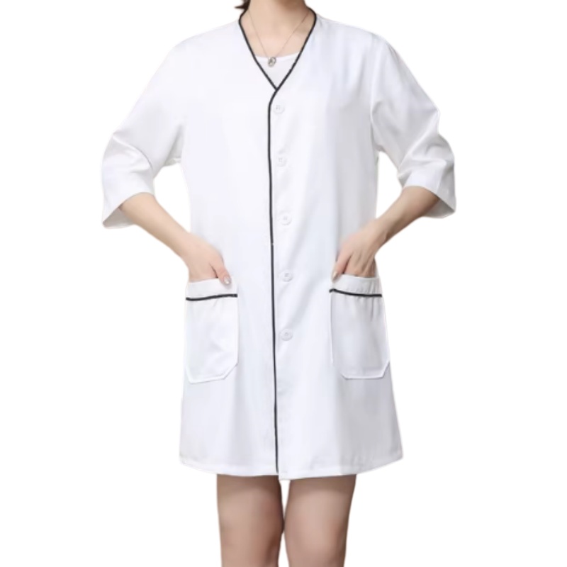 專業V領七分袖工作袍 | 高雅黑邊設計，透氣耐磨，香港制服訂造首選