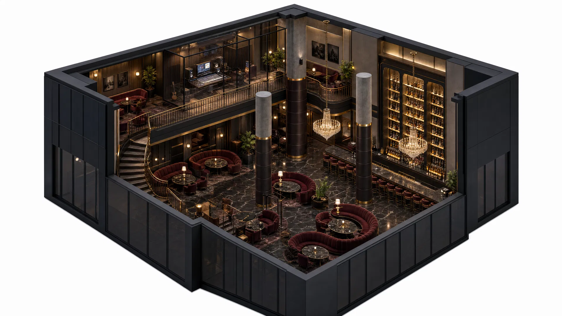 3D rendering of private members club with mezzanine recording studio