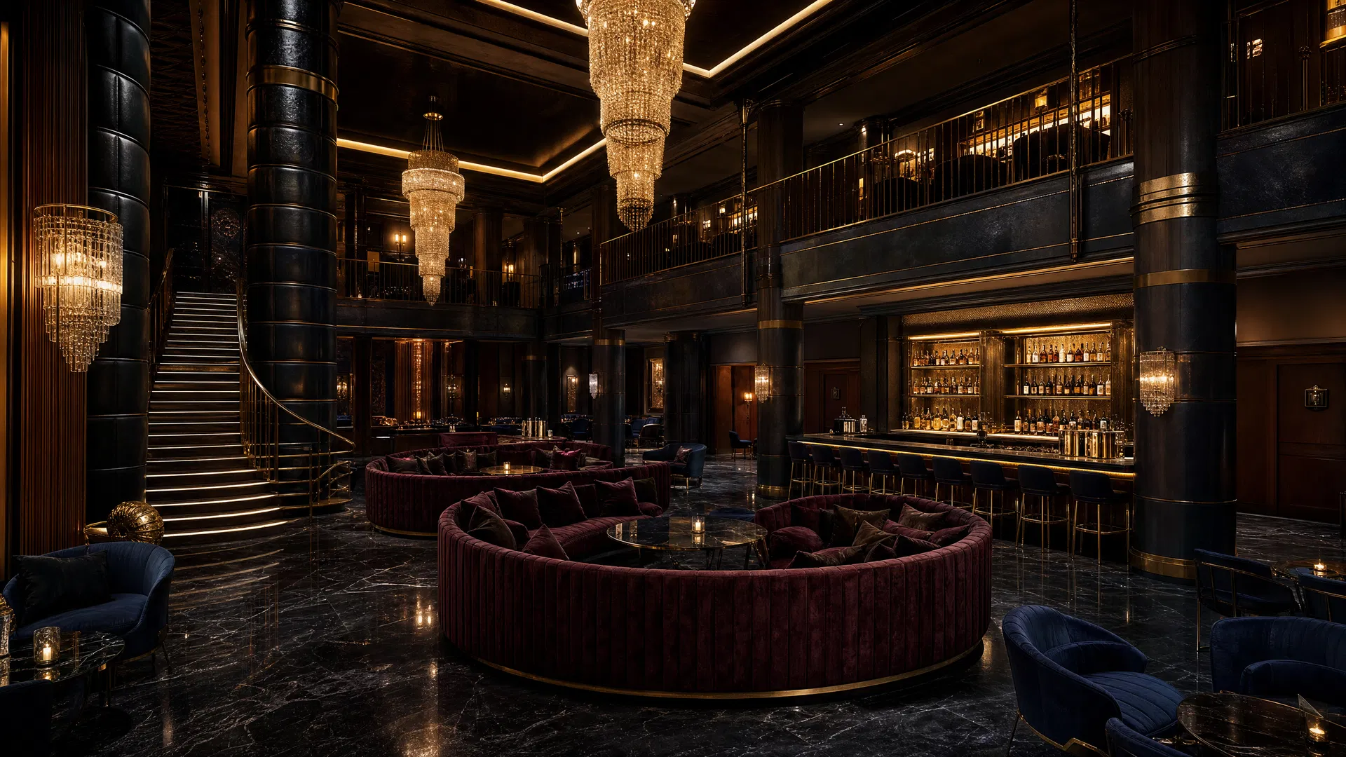 Ultra-luxurious private club interior with double-height ceilings