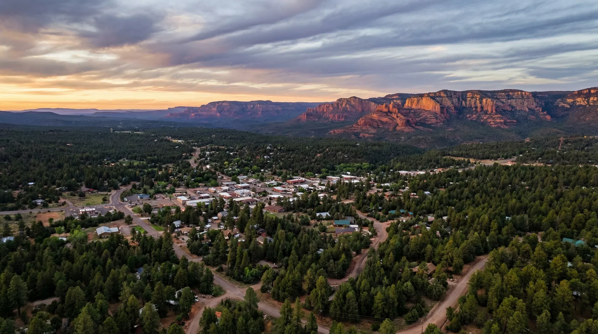 Forest Dells community at sunset among Ponderosa pines, Payson Arizona