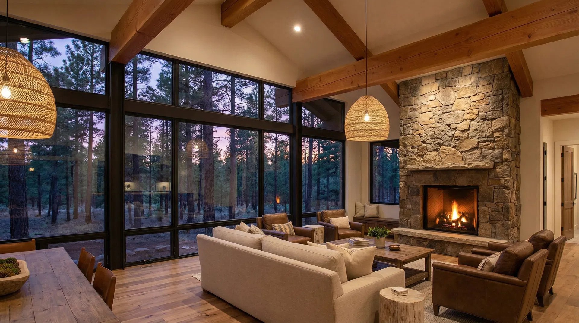 Forest Dells great room interior with stone fireplace and pine forest views