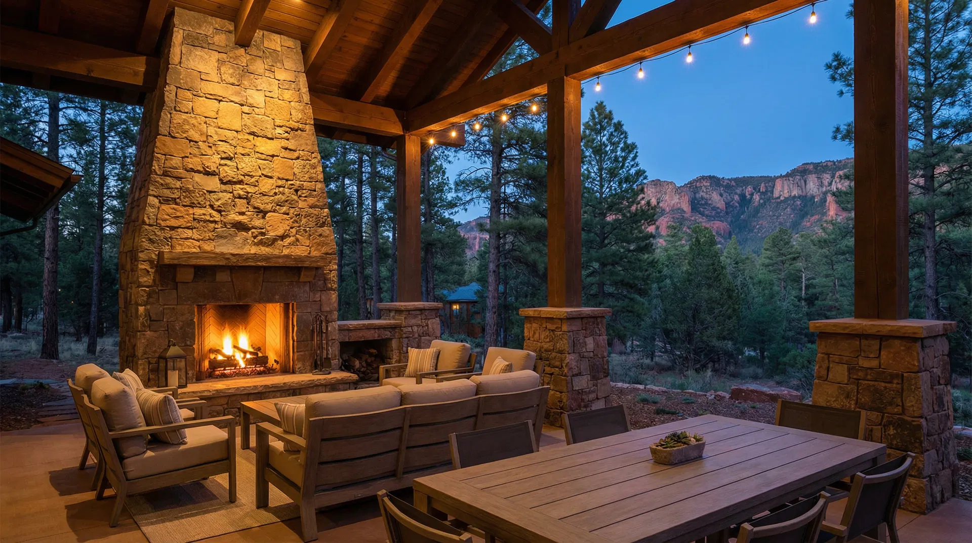Covered outdoor living area with stone fireplace and Rim Country views