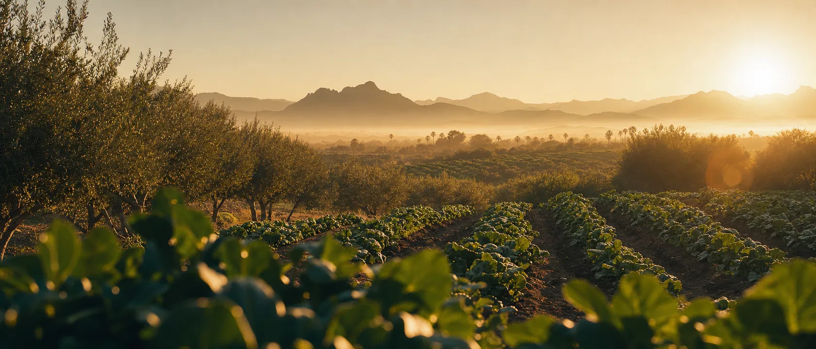 Paisaje agrícola al amanecer en Baja California Sur