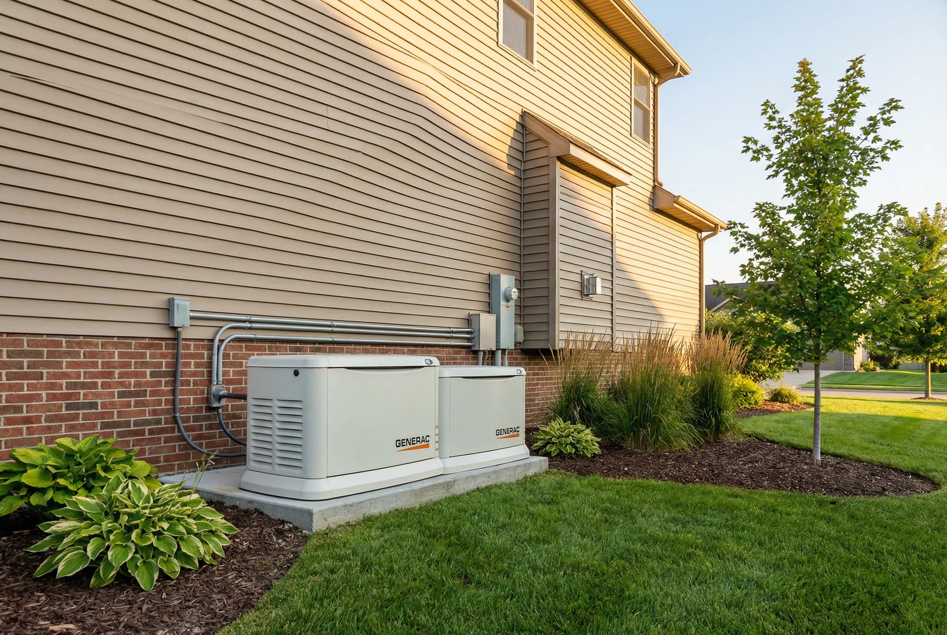 Whole-home standby generator installed beside Iowa residential home