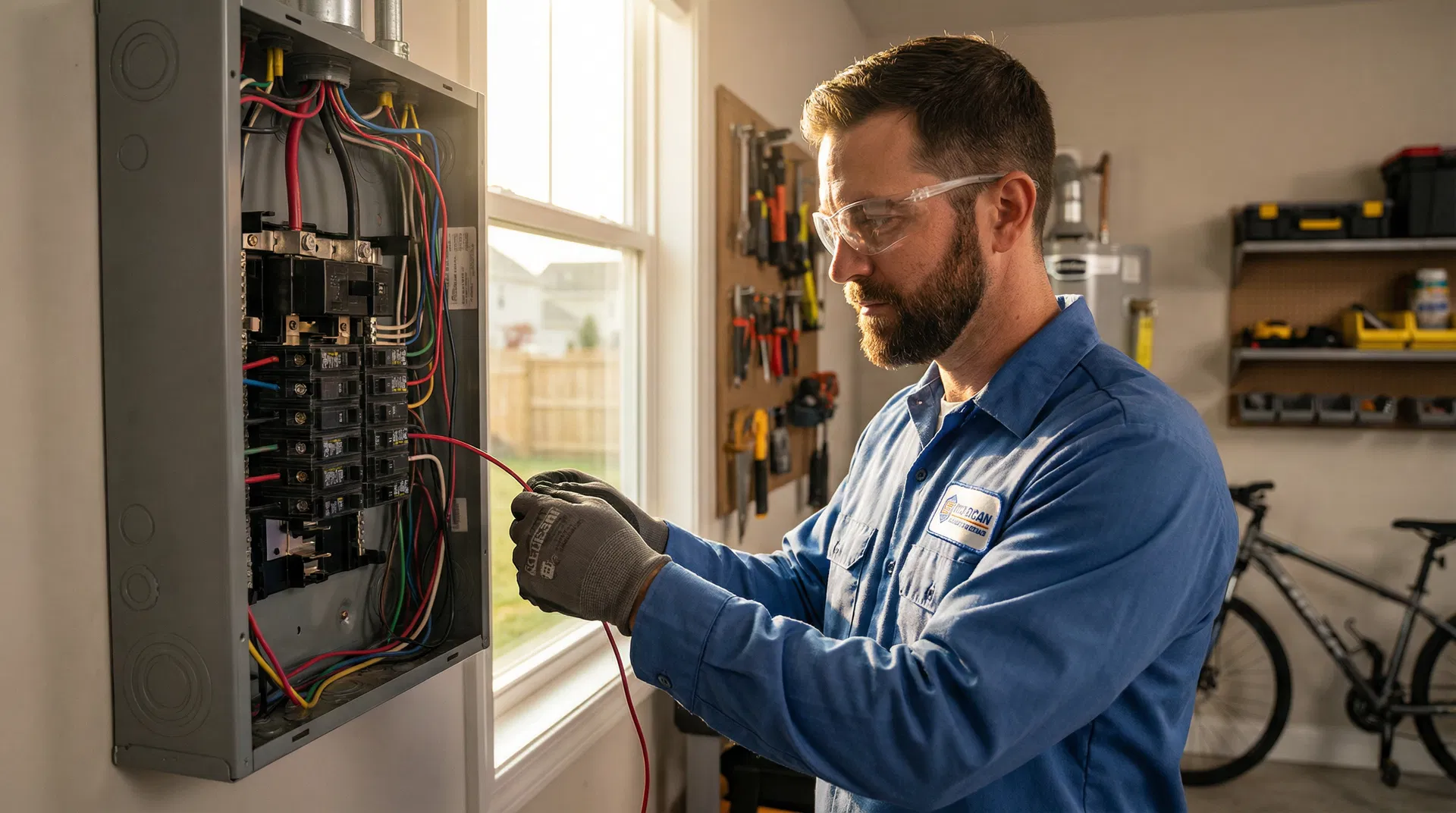 Professional electrician working on electrical panel in Iowa City home