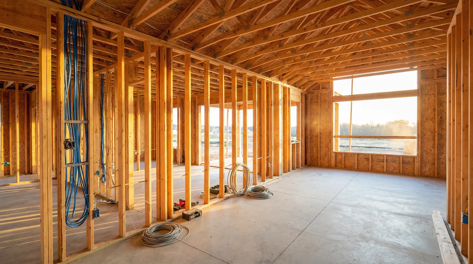 New residential home construction with electrical wiring in Iowa City