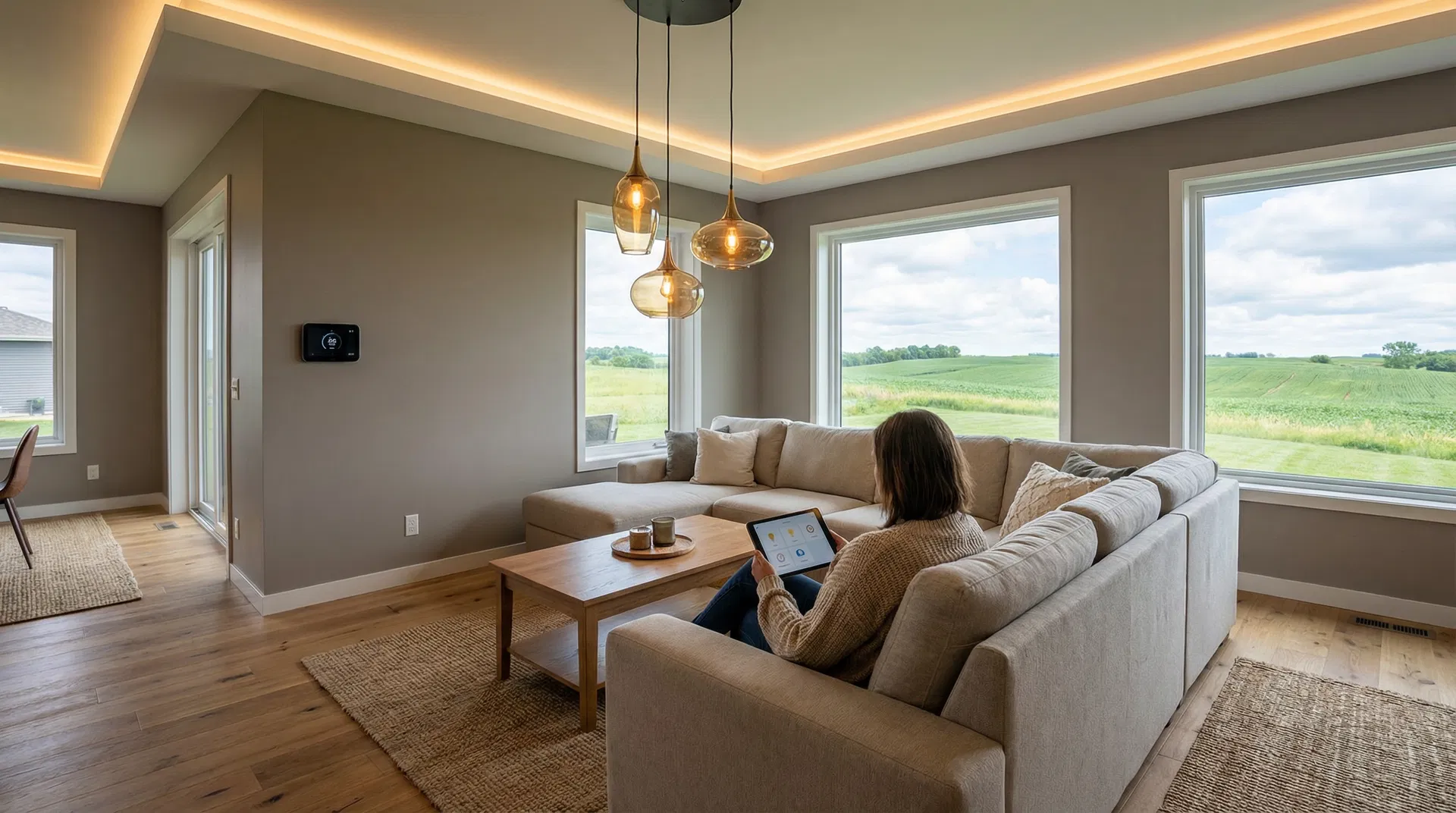 Smart home integration with automated lighting in modern Iowa living room