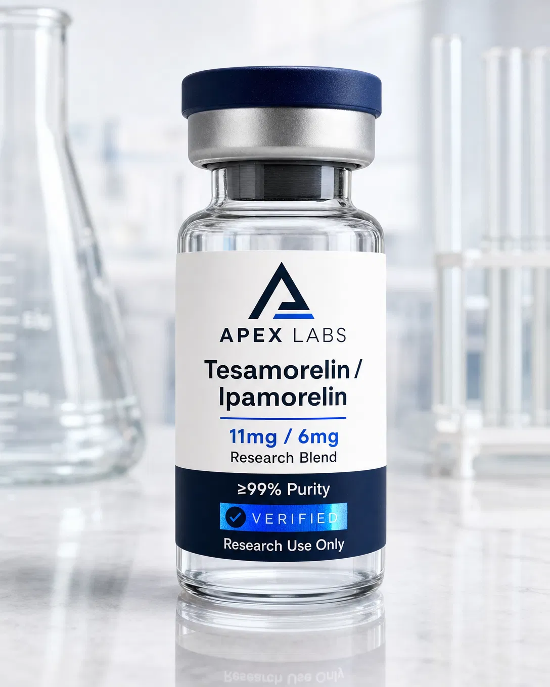 2X Blend Tesamorelin / Ipamorelin 11mg / 6mg full APEX LABS branded research bottle
